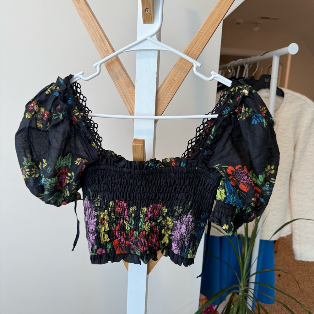 Black and Pink Smocked Flutter Sleeve Crop Blouse